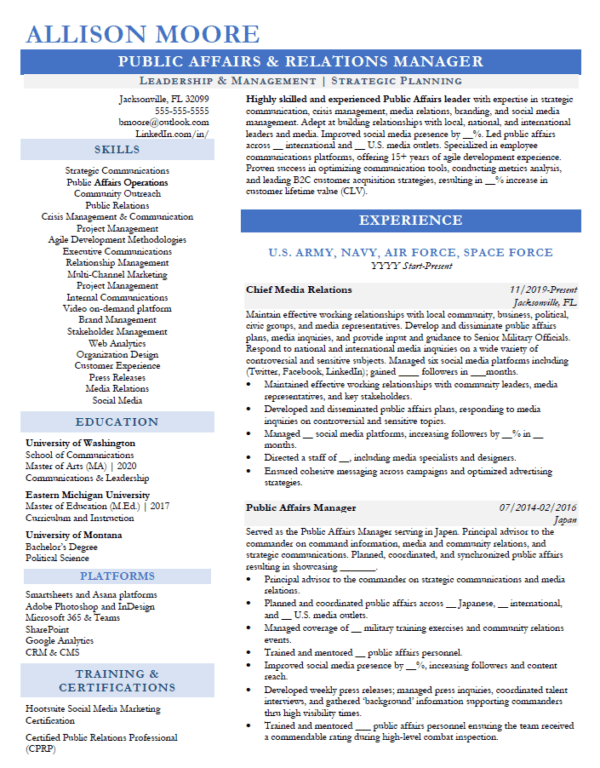 Public Affairs & Relations Manager Resume Template